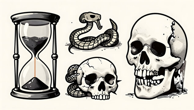 Symbolism of Mortality and Time: An illustration featuring an hourglass filled with dark sand, two skulls with intricate details and cracks, and a coiled serpent, evoking themes of life, death.