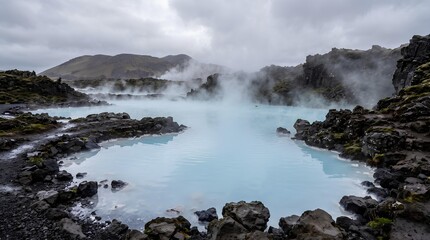 Obraz premium Geothermal hot springs with steaming blue water and volcanic rocks.