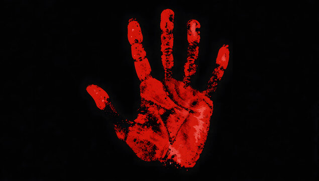 Red Handprint on Black Background: A stark, vivid red handprint stains the darkness, an ominous symbol of a violent act and a chilling reminder of its aftermath.