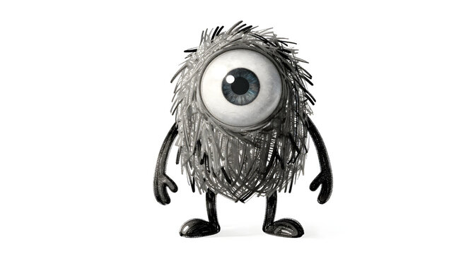 A Fuzzy One-Eyed Creature: A peculiar, fuzzy creature with a single, large eye stands on two legs, its arms extended, exuding an unusual charm.