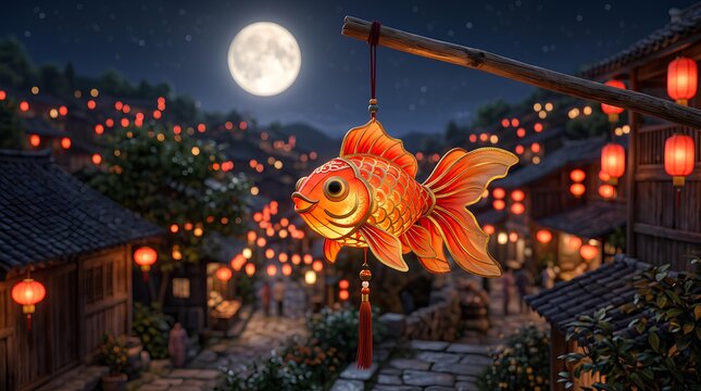 Glowing goldfish lantern hanging in a traditional Chinese village street at night.