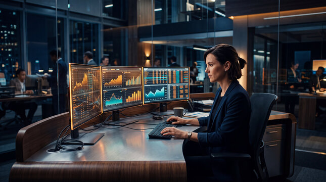 Fintech analyst at curved workstation