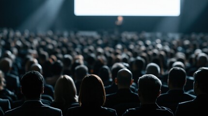 Fototapeta premium Large audience watching presentation in dark auditorium