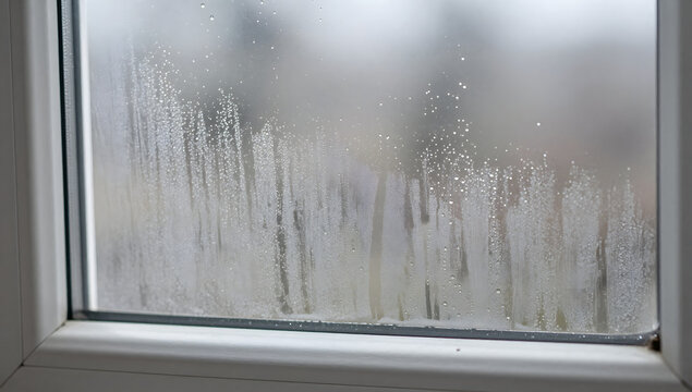 Steamed up Window: A close-up shot reveals the condensation on a windowpane, with water droplets and streaks obscuring the view of the outdoors, suggesting a cold day or poor insulation.
