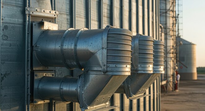 Industrial ventilation ducts attached to metal building exterior during sunset lighting