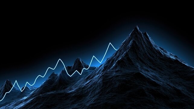 Glowing stock chart line tracing mountain peaks against