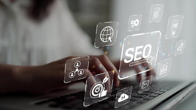 SEO concept for improving SEO visibility, with SEO related digital tools and SEO performance icons shown in an focused layout for strategic marketing. Muxer
