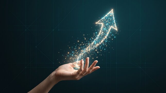 Hand releasing a glowing particle upward arrow symbol representing digital transformation and business growth on a dark tech background.
