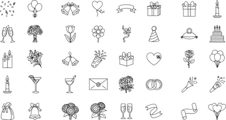 Obraz premium Wedding celebration icon set with party elements line art symbols for marriage events and holidays