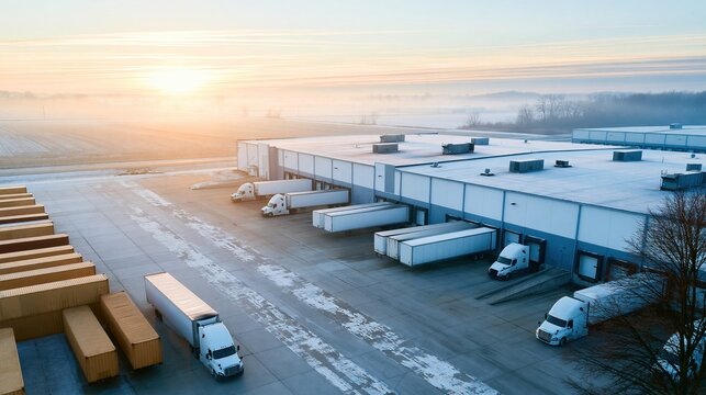 Aerial view of logistics warehouse with trucks at