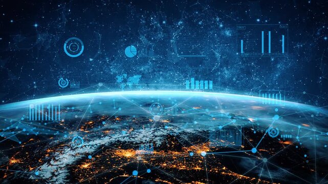 This captivating image showcases a view of Earth at night, surrounded by various data visualizations symbolizing advancements in technology and connectivity. Xenic