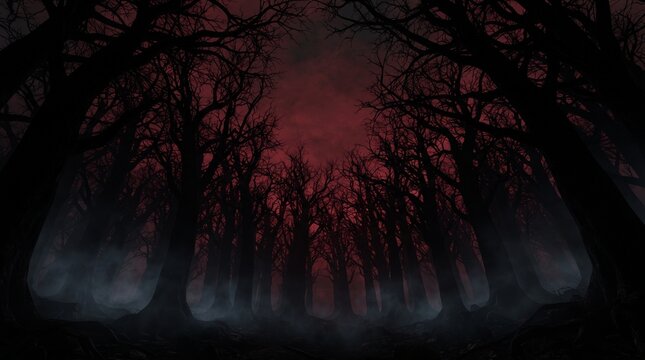 Dark and eerie fantasy forest with silhouettes of bare trees under a creepy red night sky with mist and fog