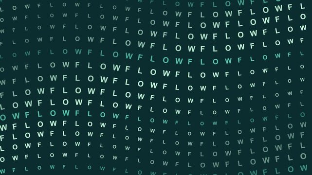 Dynamic motion graphic background featuring the repeated word 'FLOW' arranged in a wavy, topographic pattern on a dark teal backdrop.