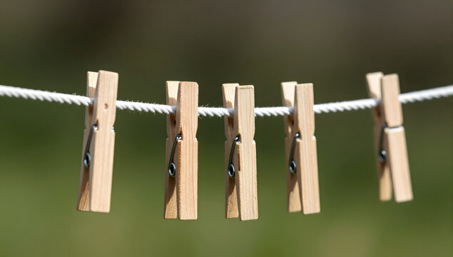 Wooden Clothespin Line: A series of simple wooden clothespins are attached to a taut clothesline, waiting to hold laundry, set against a softly blurred green background.