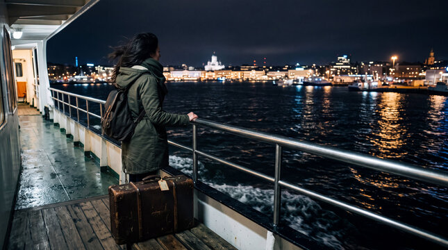 Traveler on a ferry deck with city lights at night