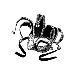 Naklejka premium Vintage venetian jester mask with detailed filigree patterns and bells carnival venetian masquerade illustration theatrical performance disguise tradition decorated engraving isolated