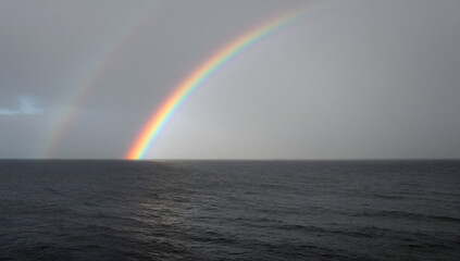 Obraz premium Double Rainbow Over the Ocean: A breathtaking double rainbow arches across a dramatic, cloudy sky, its vibrant colors reflecting over the dark, choppy waters of the ocean.