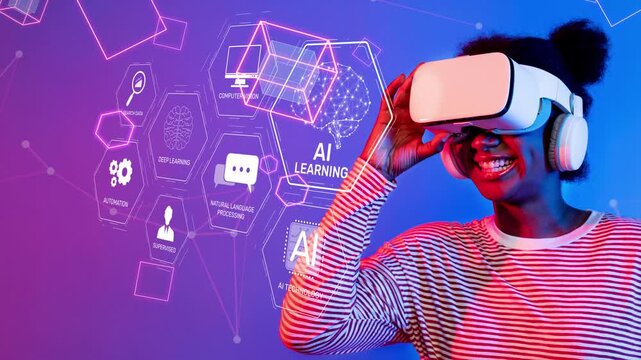 A joyful young woman engages with a virtual reality headset, surrounded by vibrant graphics representing artificial intelligence and digital learning concepts. Raster