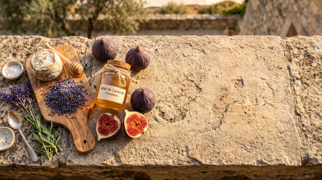 Overhead flat lay of French goat cheese and lavender honey on limestone