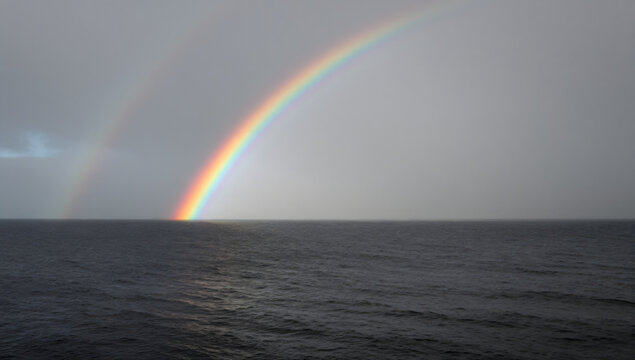 Double Rainbow Over the Ocean: A breathtaking double rainbow arches across a dramatic, cloudy sky, its vibrant colors reflecting over the dark, choppy waters of the ocean.