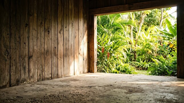 Empty old wood plank wall, There are concrete floor, Behide the backdrop is a tropical garden, sunlight shine into the room.