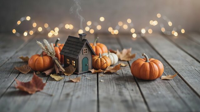 Small wooden house model surrounded by orange pumpkins and autumn leaves on rustic wooden table