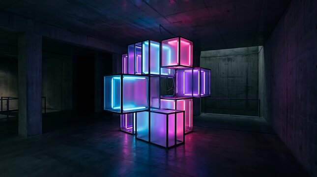 Abstract concrete interior background, dark room with neon illuminated box installation