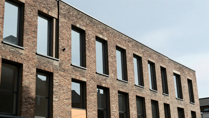 Fototapeta premium Modern Brick Facade: A contemporary building showcases a striking brick facade with a repeating pattern of dark-framed windows, reflecting the sky and exuding urban sophistication.