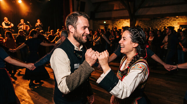Couple in traditional costume dancing Breton folk dance at a Fest Noz festival