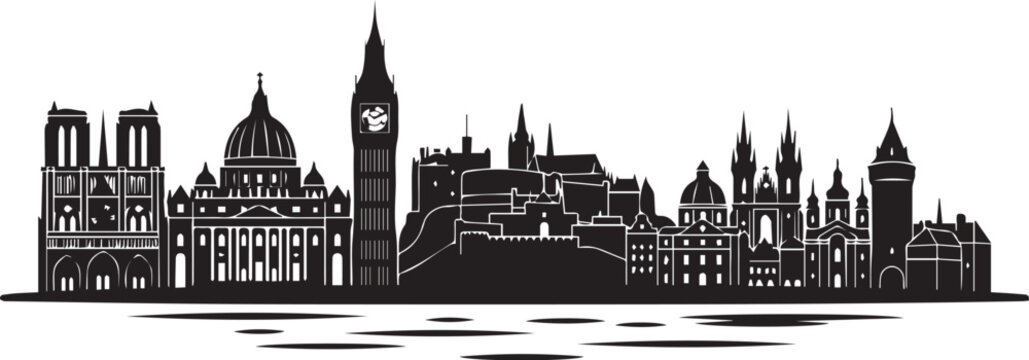 Black and white vector illustration of iconic European landmarks skyline with Big Ben Vector