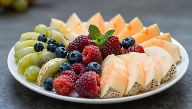 Vibrant Fruit Platter: A beautifully arranged platter bursting with fresh, colorful fruits, including sliced kiwi, juicy blueberries, ripe raspberries, and sweet melon, garnished with a sprig of mint.