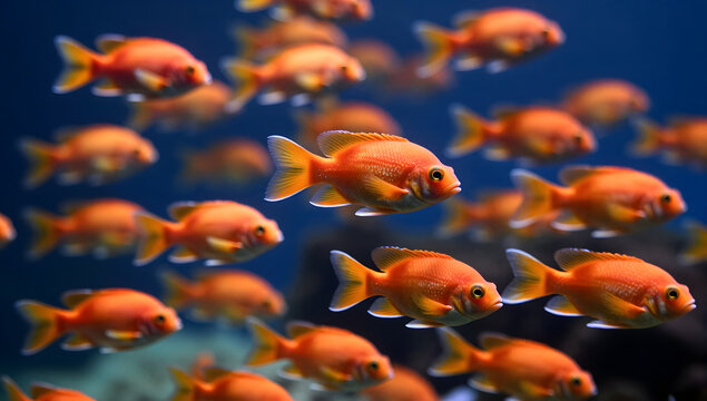 School of Goldfish: A vibrant school of goldfish swims gracefully in clear blue water, their scales shimmering under the aquatic light, creating a mesmerizing underwater spectacle.