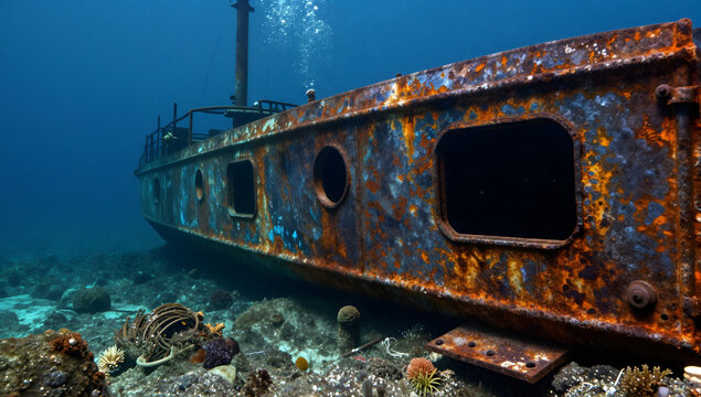 Sunken Treasure Shipwreck: An ancient, rusted shipwreck lies submerged on the ocean floor, a testament to maritime history and the passage of time.