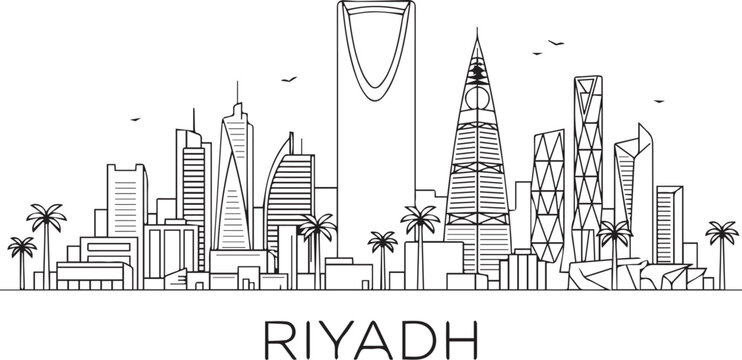 Sketch style illustration of Riyadh skyline with palm trees and modern buildings Vector