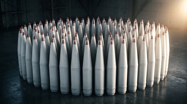 A large circular arrangement of white artillery shells with red tips on a concrete floor in a dark industrial setting.