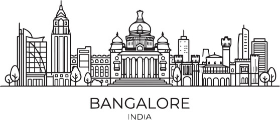 Obraz premium Black and white line drawing skyline of Bangalore city with iconic landmarks Vector