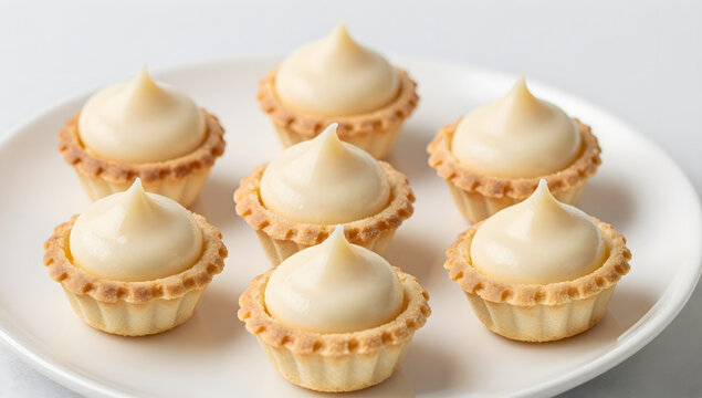 Sweet Tartlet Delights: A cluster of seven delectable tartlets, each crowned with a swirl of creamy white filling and nestled in a golden pastry shell, arranged invitingly on a white plate.