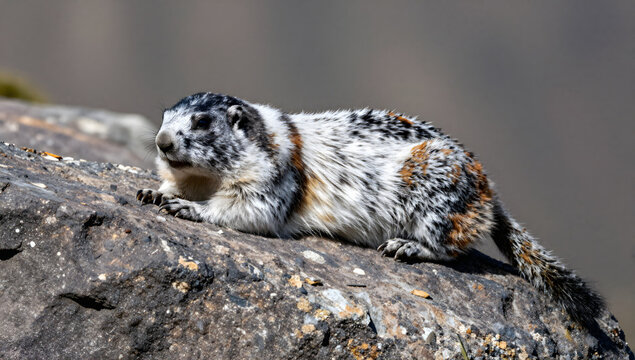 Marmot Resting on Rock: A small marmot with distinctive mottled fur lies resting on a large, textured rock in a natural outdoor setting.