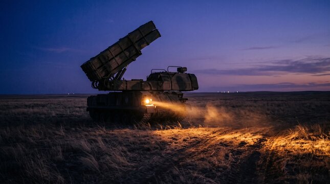 A military self-propelled rocket launcher or air defense system with its launcher raised, emitting a bright light in a field at dusk.