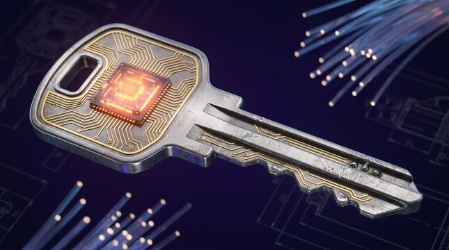 Digital Security Key with Microchip and Circuitry on Dark Background