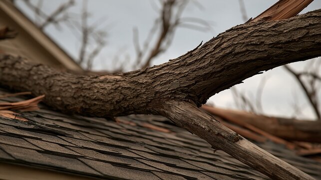Large tree branch fallen on damaged roof shingles