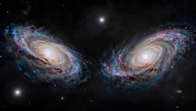 Cosmic Ballet of Galaxies: Two majestic spiral galaxies engage in a celestial dance, their swirling arms and bright star clusters creating a breathtaking spectacle against the vast.