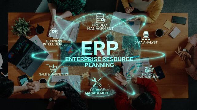 Diverse team engages in collaborative enterprise resource planning, showcasing key aspects like project management, business intelligence, and financial oversight. Raster