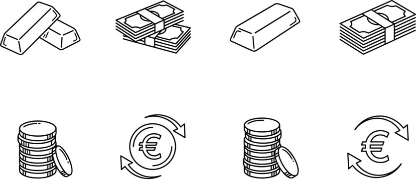 Financial currency icon collection showcasing isometric gold bullion bars paper money bundles stacked coins and euro exchange arrows