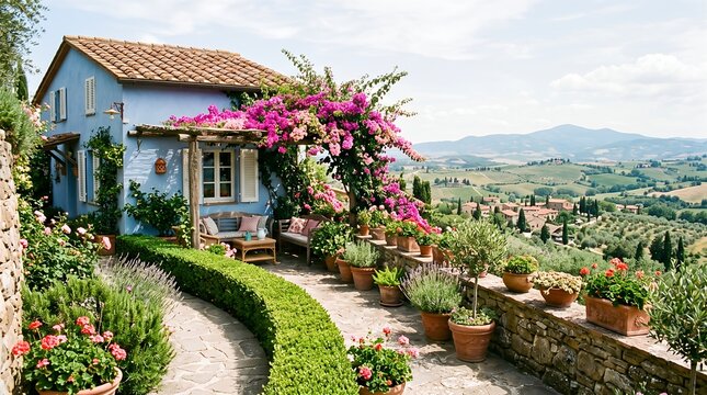 Blue tuscan villa with terraced garden and rolling hills landscape tuscany