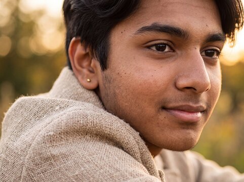 Stylish South Asian teen male wearing textured duster coat
