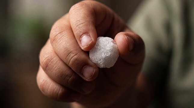 Hispanic Toddler Boy Holding White Crystalline Mothball Macro