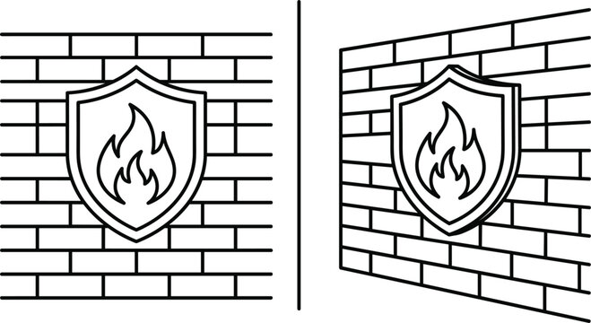 Network firewall security icons showing flat and perspective brick wall layouts with protective flame emblem shield elements