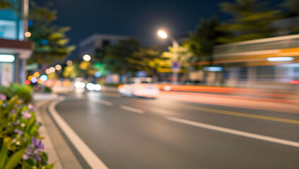 Fototapeta premium Urban Night Drive: A blur of motion on a city street at night, with streaks of headlights and taillights painting a dynamic picture of urban life and transport.