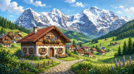 Obraz premium Charming stone cottage with red roof in a vibrant alpine village, snow-capped mountains backdrop, green valley